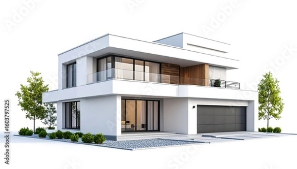 Fototapeta Modern white house with trees with isolated.