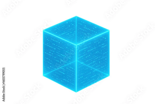 Fototapeta Rotating light blue cube with streaming data flow, representing technological innovation against transparent background