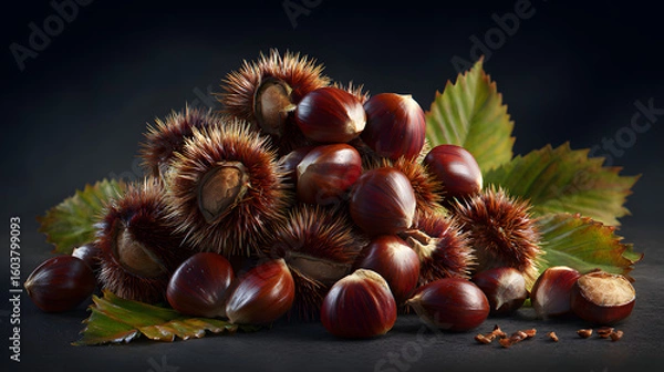 Fototapeta A rustic pile of chestnuts, some still encased in their spiky burrs and accompanied by green leaves, against a dark background.