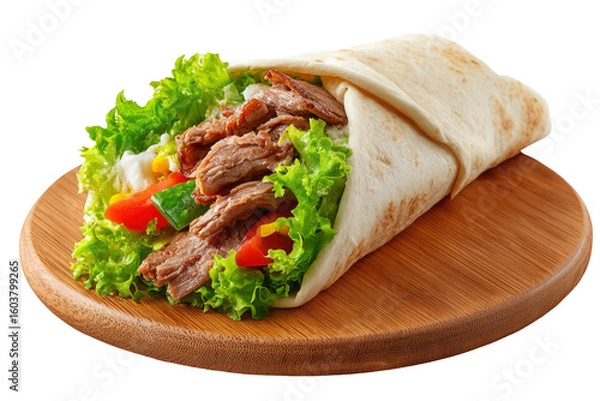 Fototapeta Delicious beef wrap with fresh vegetables on transparent background
