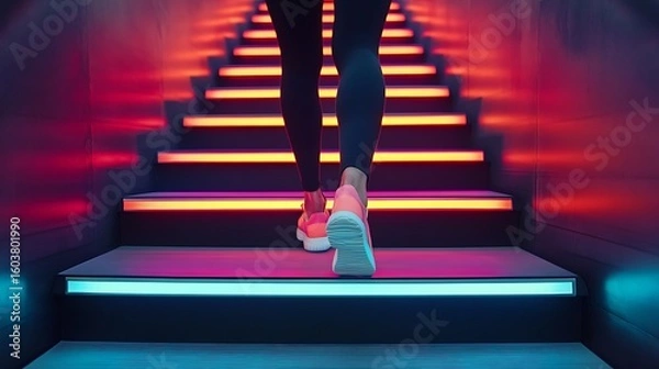 Fototapeta Stair climber with kinetic neon steps