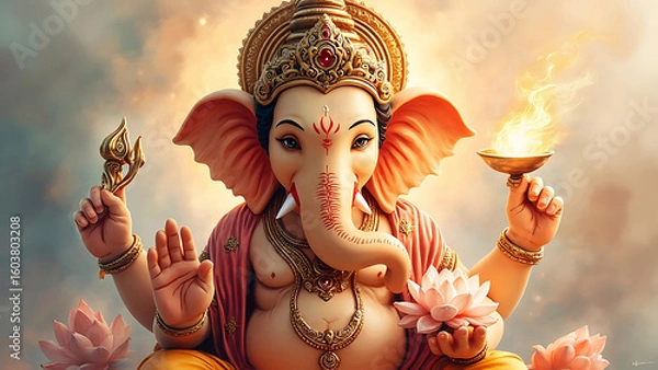 Fototapeta Watercolor Realistic Ganpati Radiant Form in Royal Aura,A Majestic Portrait of Ganpati with Lotus and Lamp, Showcasing Divine Blessings and Spiritual Grace of Ganesh ji.