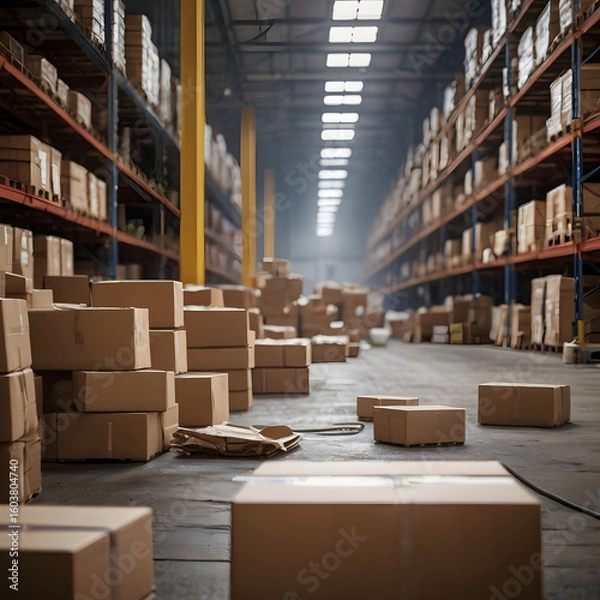 Fototapeta Logistics Warehouse Aisle Neatly Arranged with Shelves and Ready-to-Ship Boxes