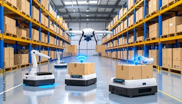 Obraz Warehouse robots and drone delivery.