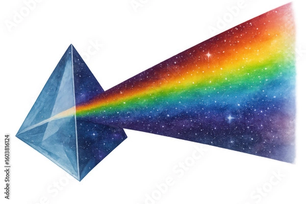Fototapeta Translucent glass prism dispersing white light into vibrant rainbow colors, demonstrating optical phenomenon through delicate watercolor rendering