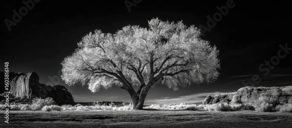 Fototapeta Black and white infrared landscape with a large tree