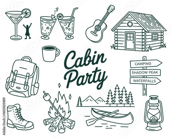 Fototapeta Whimsical Cabin Party Vector Set – Hand Drawn Illustrations Featuring Cozy Cabins, Campfires, Forest Scenes, Rustic Decor, and Playful Elements for Outdoor-Themed Design Projects.

