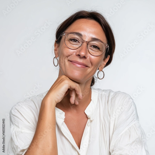 Fototapeta Femme brune à lunettes, 30 à 40 ans, en chemise blanche, pose façon portrait sur un bureau, fond blanc, personnage pour publicité, site web, démo d'application