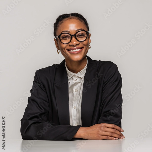 Fototapeta Jeune femme de 30 ans à lunettes, en chemise blanche et costume tailleur noir, pose façon portrait sur un bureau, fond blanc, personnage pour publicité, site web, démo d'application
