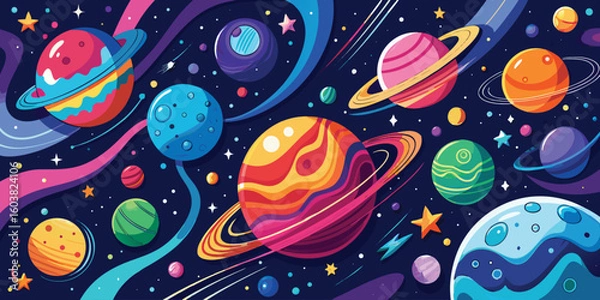 Fototapeta Colorful cartoon vector seamless pattern with stars, hearts, and flowers, perfect for whimsical wallpaper design or festive decoration