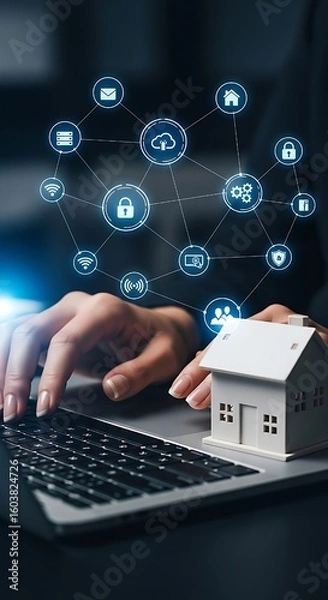 Obraz A person uses a laptop to manage a smart home network, connecting various IoT devices for security and automation.