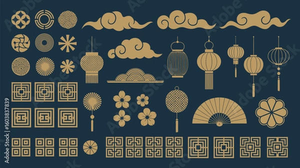 Fototapeta Chinese Oriental Decorative Elements – Gold Patterns, Lanterns, Floral Motifs, Clouds, and Traditional Asian Ornaments Vector Set for New Year and Festive Celebration Designs.

