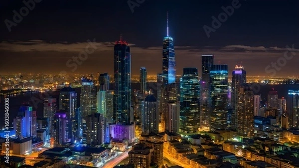 Obraz Nighttime city skyline with glowing windows and streetlights, capturing urban vibrancy.