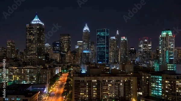 Obraz Nighttime city skyline with glowing windows and streetlights, capturing urban vibrancy.