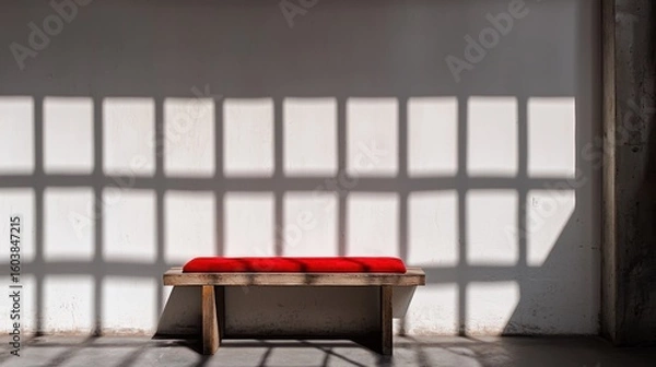 Fototapeta A red bench sits in front of a white wall with a grid pattern.