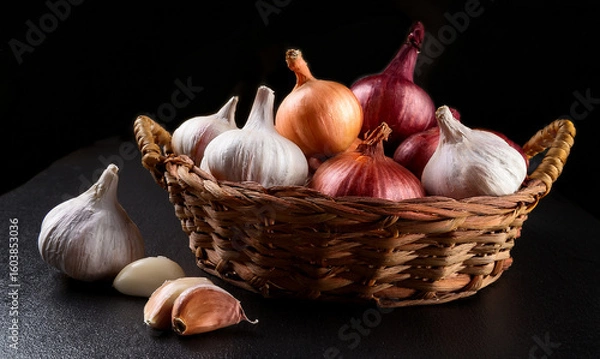 Obraz Shallots and garlic in a wicker tray on a shiny black table on a black background.