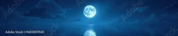 Fototapeta Serene full moon reflecting on still ocean, stars visible, calm, full moon
