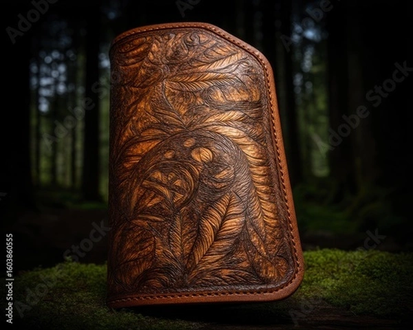 Fototapeta Intricate leather wallet design featuring a feather motif.