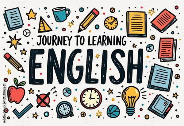 Obraz Engaging Hand-Drawn "Journey to Learning English" Vector Illustration with Educational Icons, Perfect for Inspiring Students on Online Platforms, Language Schools, or Self-Study Programs.
