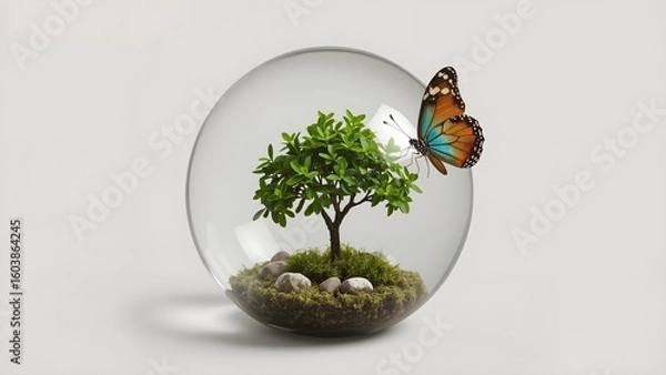 Obraz A crystal globe containing a miniature tree with a butterfly nearby, symbolizing nature conservation.