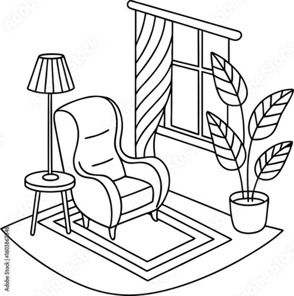 Fototapeta Cozy armchair by the window with a floor lamp and plant
