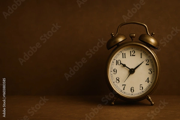 Fototapeta Vintage alarm clock with white face and bronze frame on brown background
