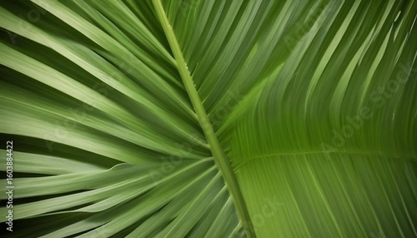 Fototapeta Striking close-up of a vibrant green palm leaf, displaying intricate patterns and natural beauty.