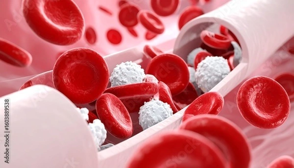 Obraz Blood Cells Flowing in Vessel Showing Red and White Corpuscles