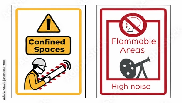 Obraz Minimalist Vector Icons for Safety Warning Signs Confinement and Flammable Areas Clear Visual Communication for Industrial Safety and Hazard Prevention in Work Environments