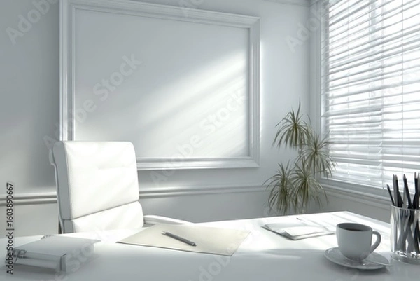 Fototapeta Bright, minimalist office space, featuring a white desk, chair, and a large blank framed area. Sunlight streams through a window with blinds