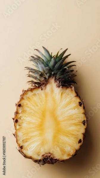 Fototapeta Half of ripe pineapple with juicy yellow flesh placed on soft beige background perfect for tropical product design, healthy food visuals and summer nutrition campaigns