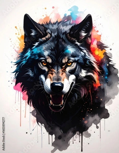 Fototapeta An aggressive black and grey wolf with an open mouth and sharp teeth, surrounded by a vibrant, chaotic watercolor splash of orange, blue, and red.