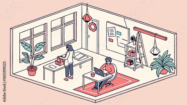 Obraz Modern Minimalist Home Office Workspace Illustration with Indoor Plants and Creative Organization for Remote Work and Study Environments