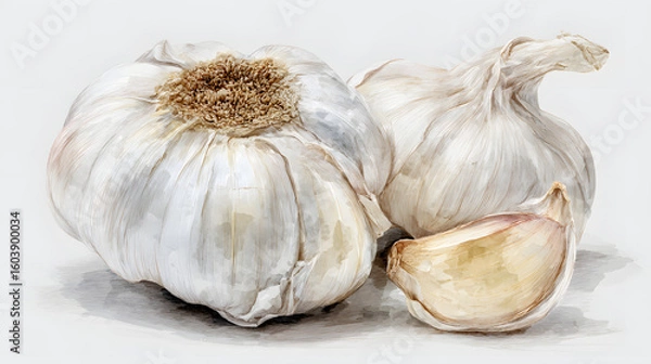 Fototapeta An artistic rendering of two whole garlic bulbs and a single clove, depicted with soft, watercolor-like textures on a light background.