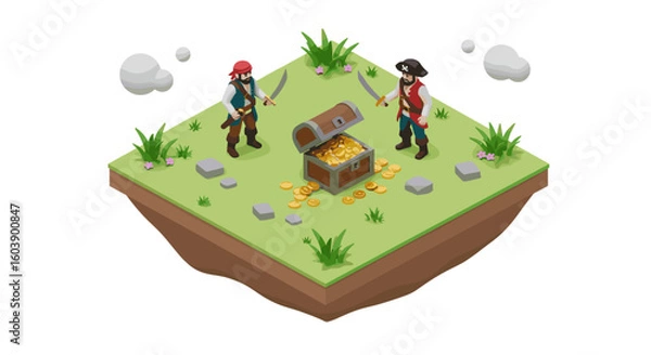 Fototapeta Isometric pirate duel on floating island with treasure chest and gold