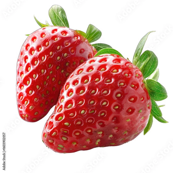 Fototapeta Two vibrant red strawberries with green leaves
