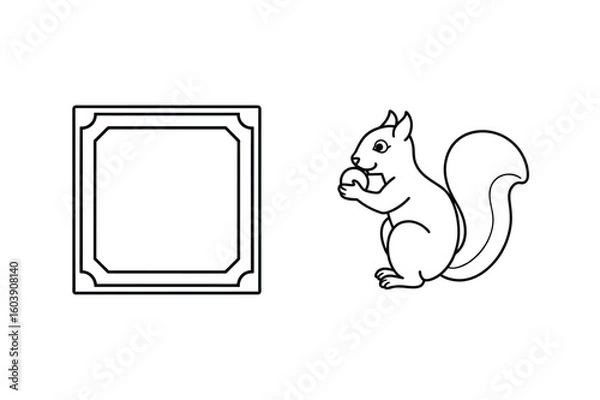 Fototapeta Stylized squirrel holding nut next to decorative square frame