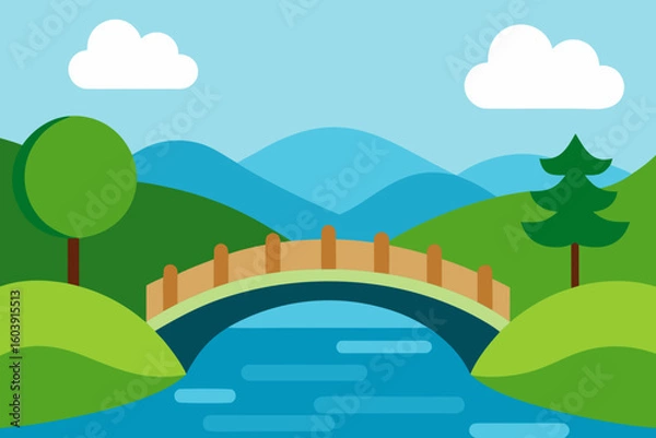 Fototapeta Flat design landscape with a bridge over a river and rolling hills
