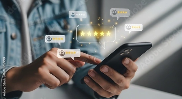Fototapeta Customer leaving a fivestar review on a smartphone with glowing feedback icons
