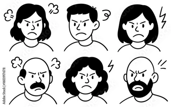 Fototapeta Set of angry doodle faces showing frustration and rage emotions in hand drawn style