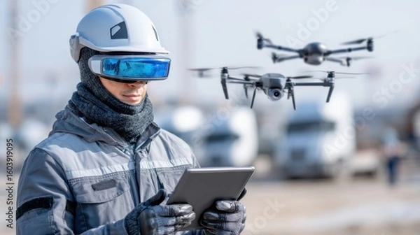 Fototapeta futuristic drone operator controlling flying drones at a construction site, wearing smart helmet and gloves, digital control tablet in hands