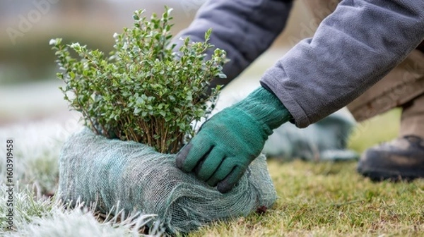 Fototapeta gardener wrapping bush in protective fabric for winter, hands in gloves, frost covered grass in background