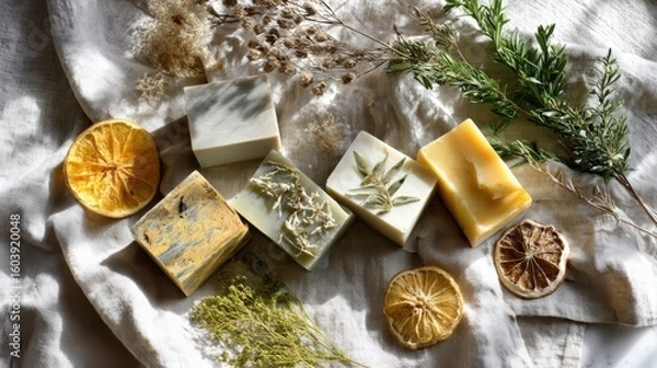 Fototapeta Handcrafted soap bars with botanical inclusions arranged on linen cloth, dried citrus and herbs scattered around, cozy morning light