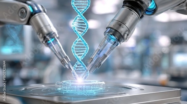 Fototapeta high tech workstation, robotic arms injecting glowing substance into DNA strand model, holographic genetic interface hovering above