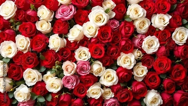 Obraz Top view of blooming white and red roses arranged densely, perfect for Valentine's Day cards, romantic backgrounds, wedding invitations, and floral-themed designs