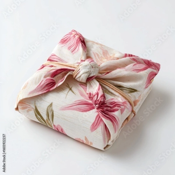 Fototapeta neatly folded japanese furoshiki fabric with soft floral print, placed on white background, traditional wrapping cloth detail