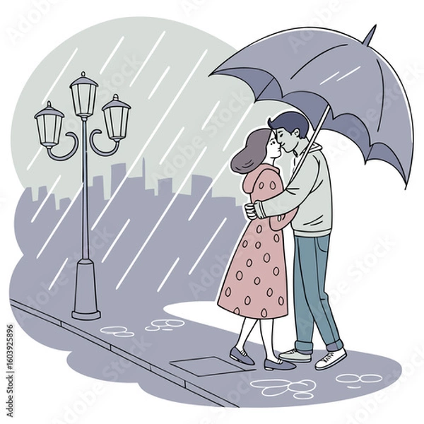 Obraz A couple embracing under an umbrella in the rain with a cityscape and lamppost in the background scene