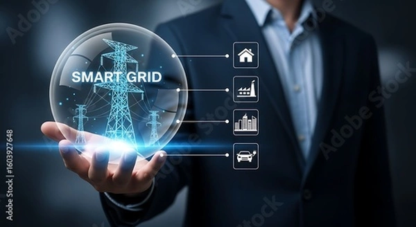 Fototapeta Smart grid technology and network infrastructure displayed in a glass sphere