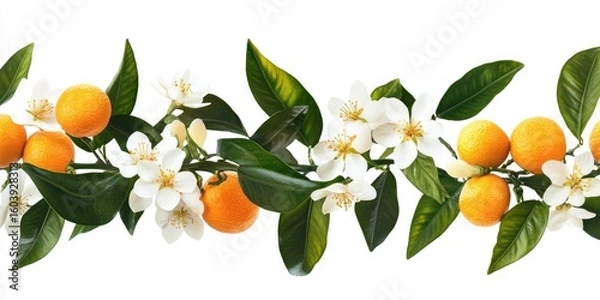 Fototapeta A white background with an isolated illustration of orange blossom flowers and leaves, representing the sweet aroma of citrus blossoms.