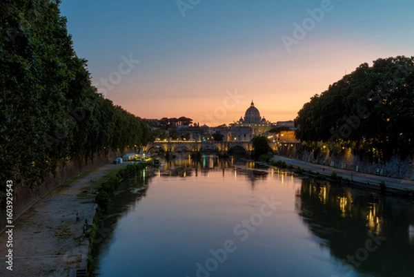 Fototapeta View of the River Tiber and Rome at dusk